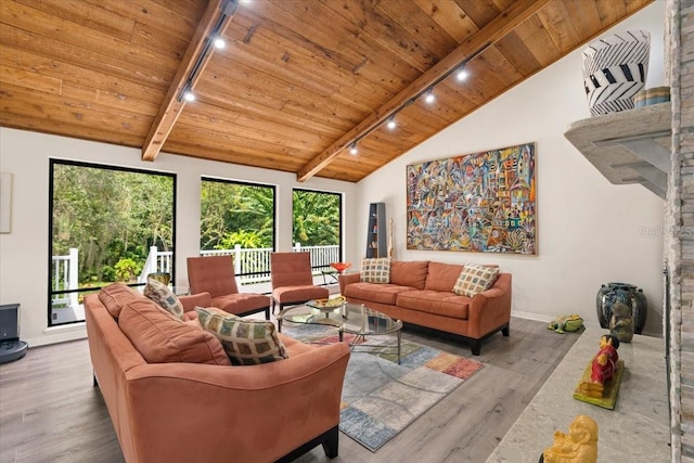 living room with lofted ceiling with beams, wooden ceiling, rail lighting, and light hardwood / wood-style flooring