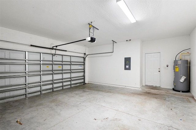 garage featuring a garage door opener, electric panel, and electric water heater