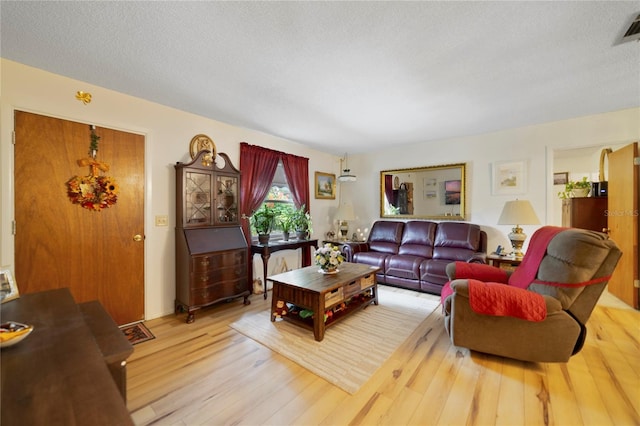 living room with a textured ceiling and light wood-type flooring