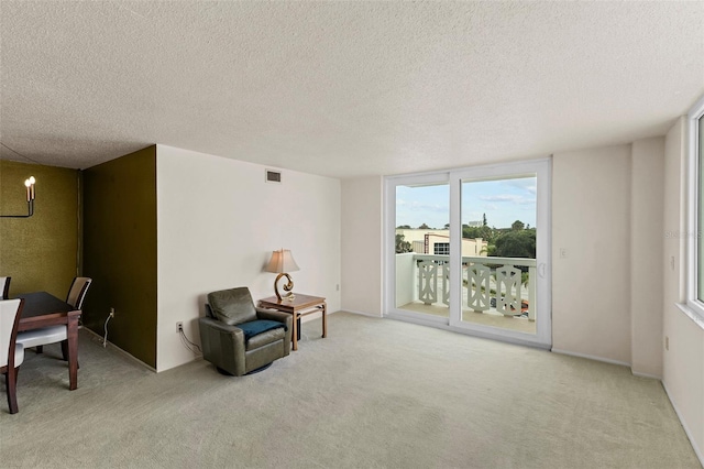 living area with light carpet and a textured ceiling