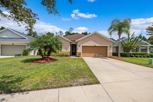 single story home with a front lawn and a garage