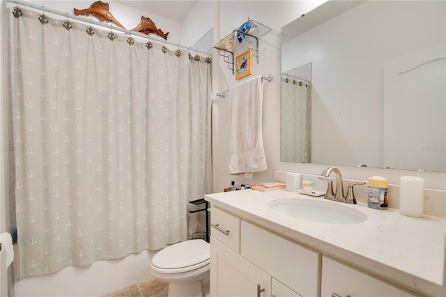 full bathroom featuring shower / bath combination with curtain, radiator, toilet, vanity, and tile patterned flooring