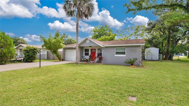 ranch-style house with a garage and a front lawn