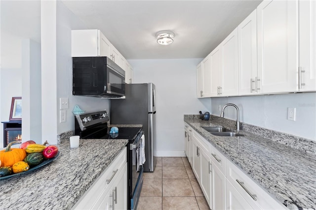 kitchen with stainless steel electric range, white cabinetry, and sink