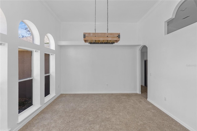 carpeted empty room with crown molding and a high ceiling