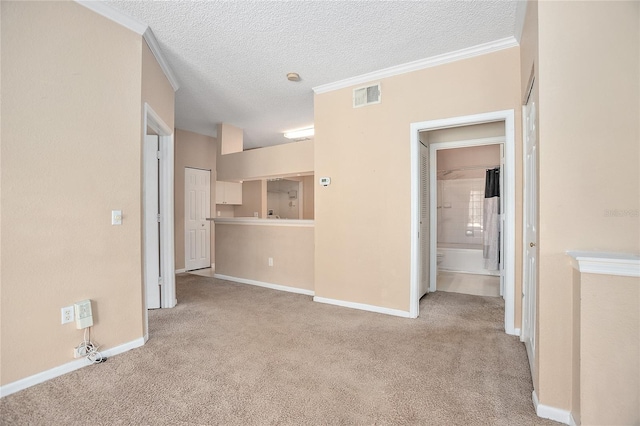 empty room with a textured ceiling, ornamental molding, and light colored carpet