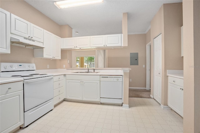 kitchen featuring white cabinets and white appliances