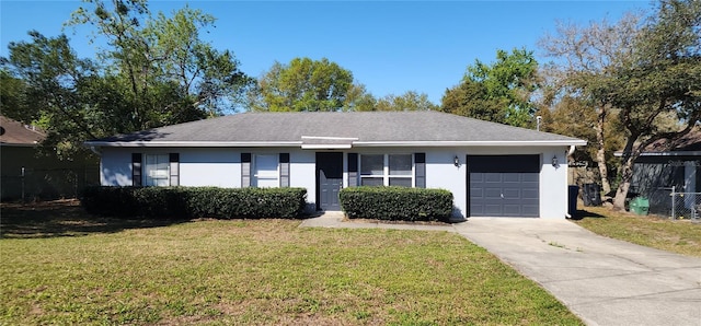 single story home with stucco siding, driveway, a front lawn, fence, and an attached garage