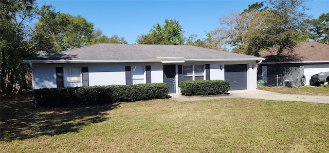 ranch-style house with stucco siding, a front yard, concrete driveway, and an attached garage