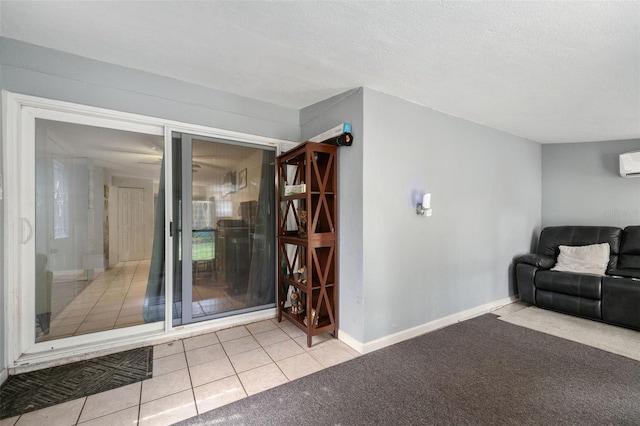 living room featuring light colored carpet, a textured ceiling, and a wall mounted AC