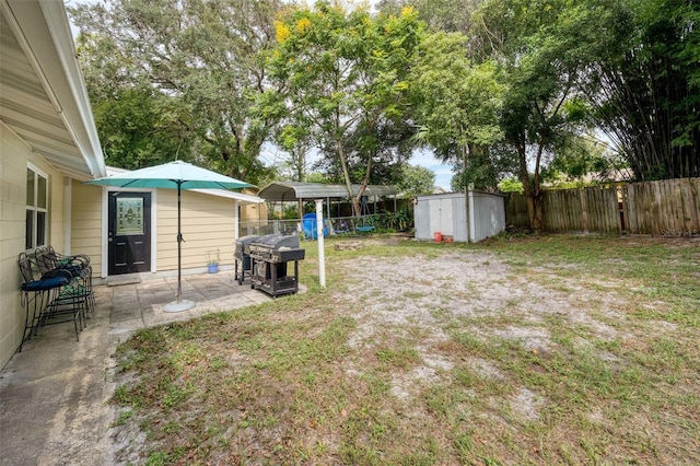 view of yard with a trampoline, a storage unit, and a patio