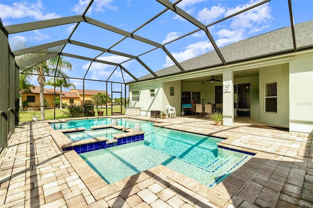 929 Hialeah St, Rockledge, FL 32955 - view of swimming pool featuring ceiling fan, a lanai, a pool with connected hot tub, and a patio