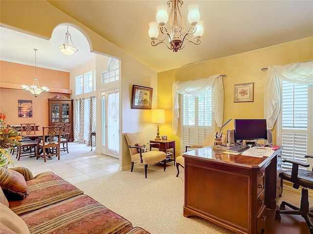 office with a notable chandelier, crown molding, lofted ceiling, and light carpet