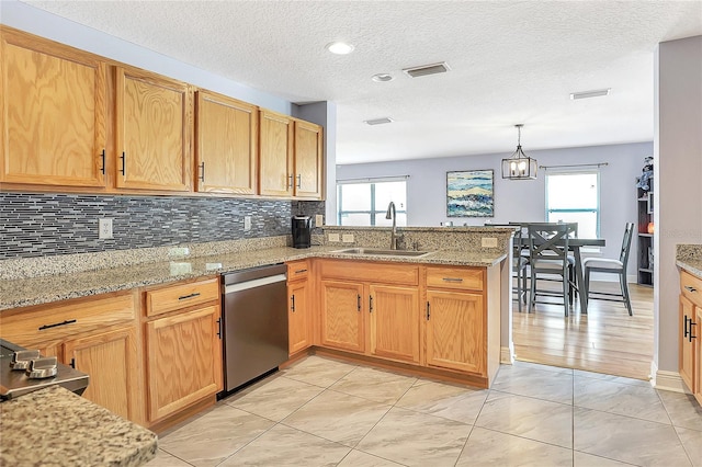 kitchen featuring kitchen peninsula, sink, a healthy amount of sunlight, and stainless steel dishwasher