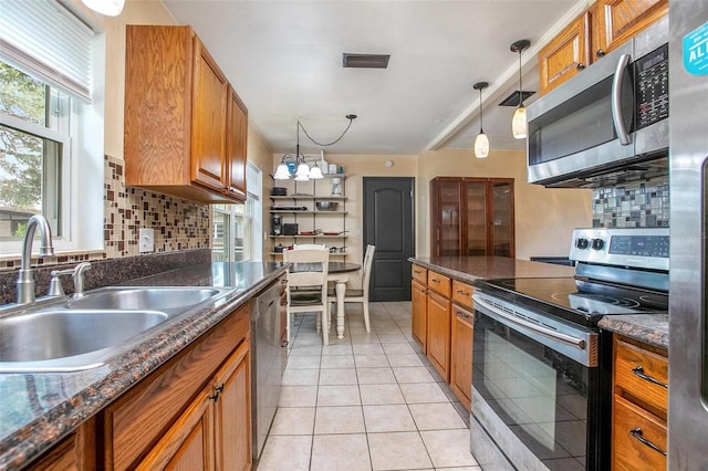 kitchen with sink, appliances with stainless steel finishes, decorative light fixtures, and backsplash