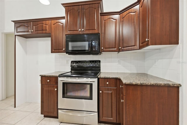 kitchen with decorative backsplash, stainless steel range with electric cooktop, light tile patterned floors, and stone countertops