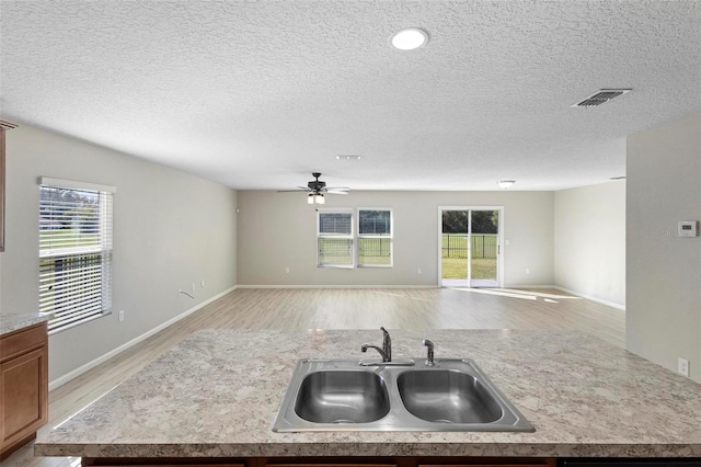 kitchen featuring an island with sink, a wealth of natural light, sink, and light hardwood / wood-style flooring