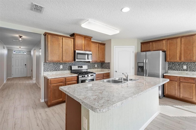 kitchen featuring sink, a kitchen island with sink, backsplash, appliances with stainless steel finishes, and light hardwood / wood-style floors