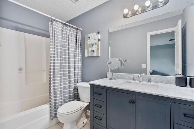 full bathroom with a textured ceiling, shower / bathtub combination with curtain, tile patterned floors, vanity, and toilet