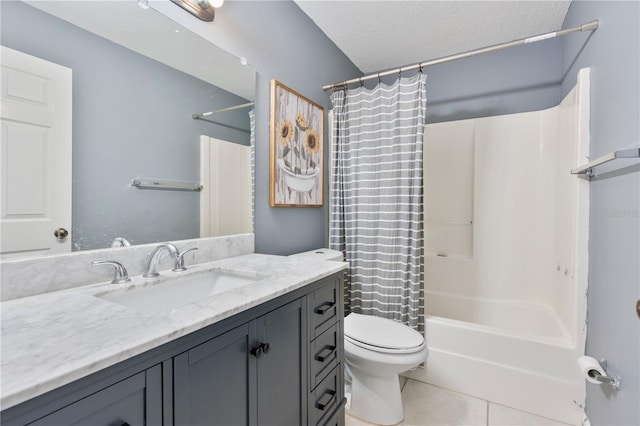 full bathroom with toilet, shower / bath combo, tile patterned floors, a textured ceiling, and vanity