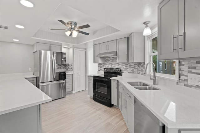 kitchen with sink, a raised ceiling, light hardwood / wood-style floors, stainless steel appliances, and gray cabinets