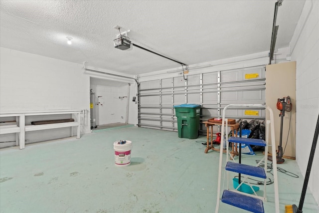 garage featuring a garage door opener and water heater