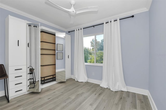 unfurnished bedroom with ceiling fan, light hardwood / wood-style floors, and ornamental molding