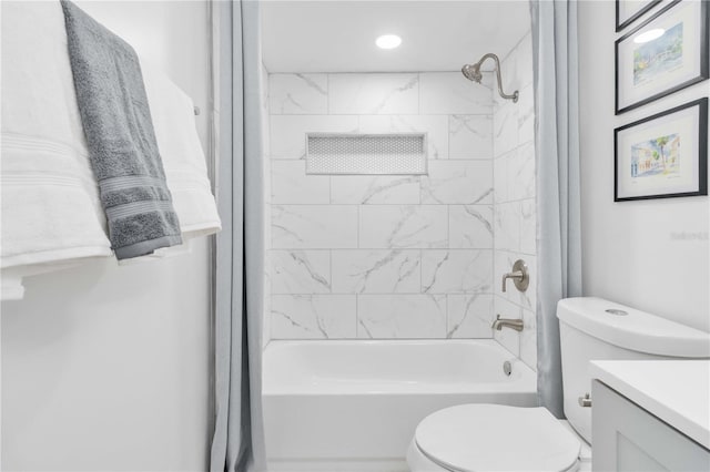 full bathroom with vanity, toilet, and shower / bathtub combination with curtain