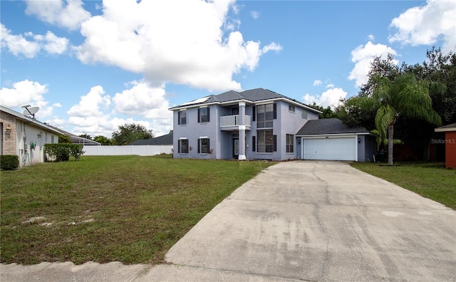 view of front facade with a front yard, a garage, and a balcony