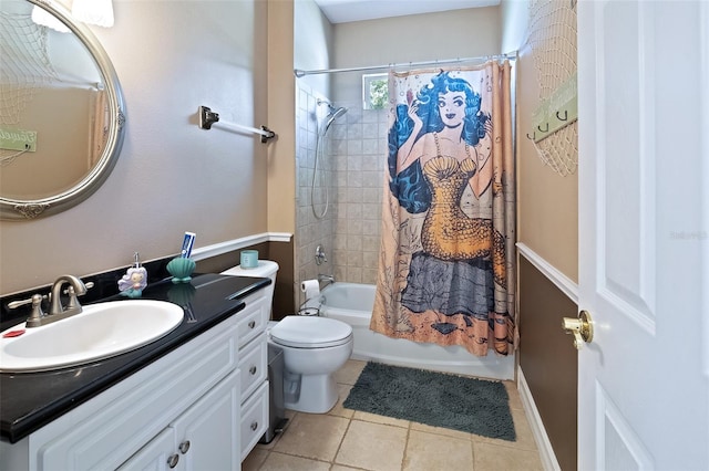 full bathroom with vanity, shower / bath combination with curtain, toilet, and tile patterned flooring