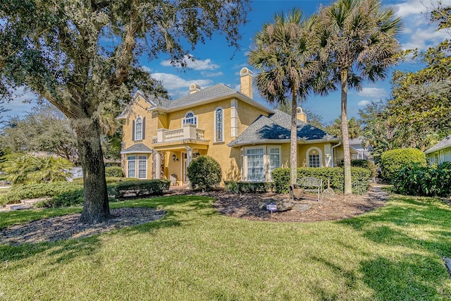 view of front of property featuring a balcony and a front lawn