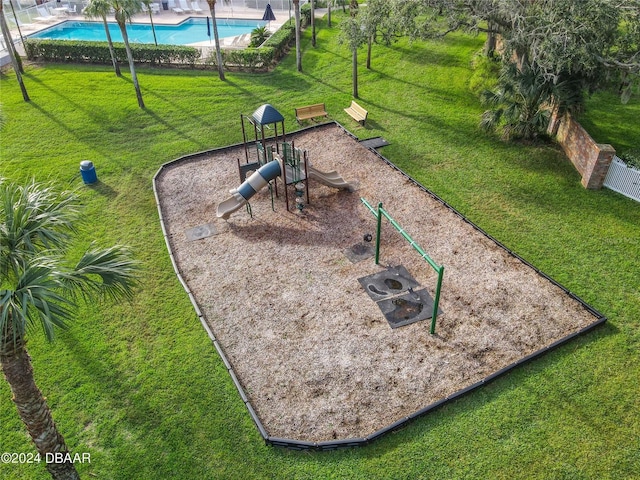 view of community featuring a yard and a swimming pool