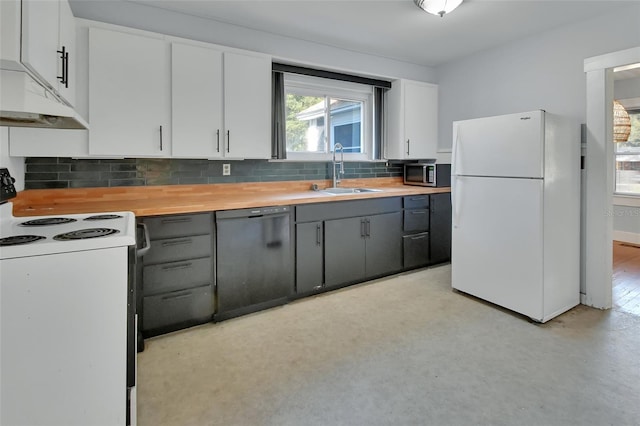 kitchen with white appliances, gray cabinetry, sink, backsplash, and white cabinetry