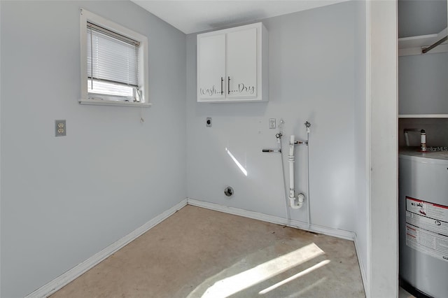 washroom featuring hookup for an electric dryer, water heater, and cabinets