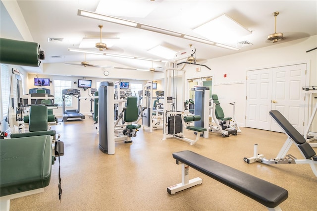 workout area with ceiling fan