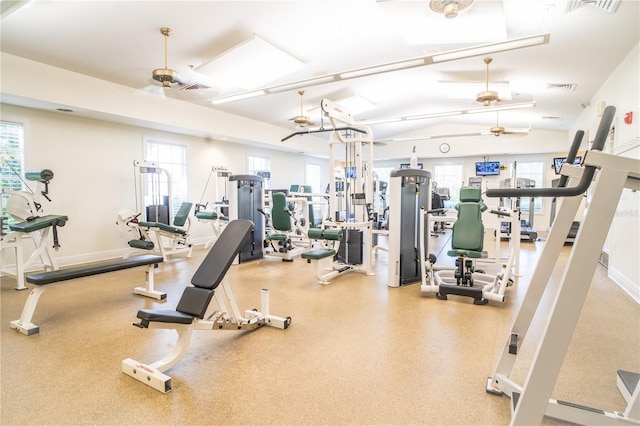 exercise room with ceiling fan