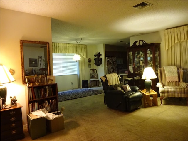 living room with carpet floors and a textured ceiling