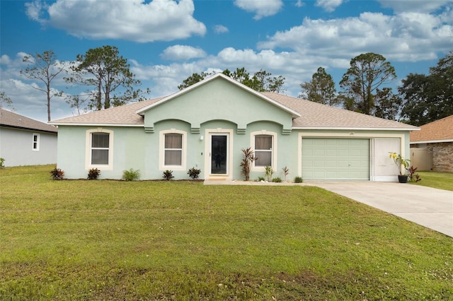 single story home with a garage and a front lawn