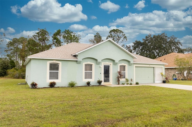 ranch-style home with a front yard and a garage