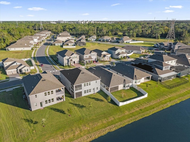 drone / aerial view featuring a water view