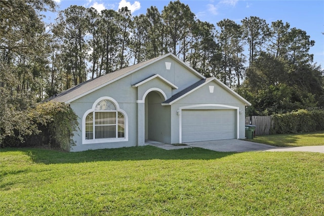 single story home with a front lawn and a garage