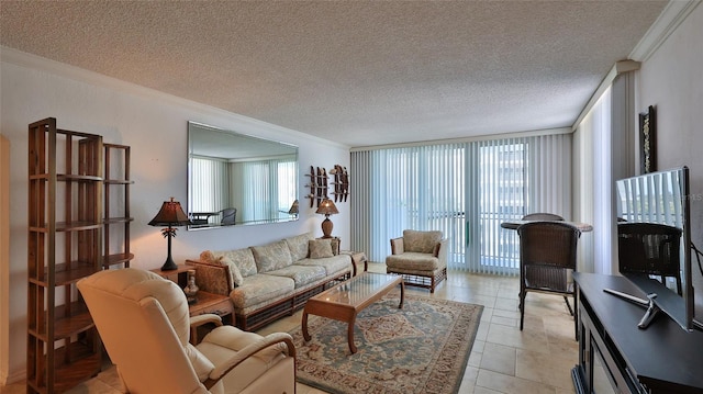 living room featuring crown molding, a textured ceiling, and light tile patterned floors