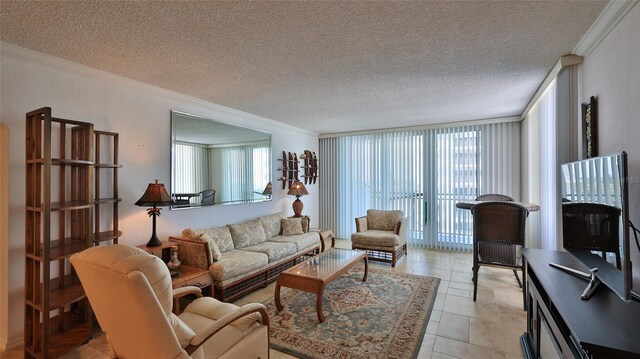 2987 S Atlantic Ave Unit D060, Daytona Beach, FL 32118 - living area featuring a wall of windows, ornamental molding, and a textured ceiling