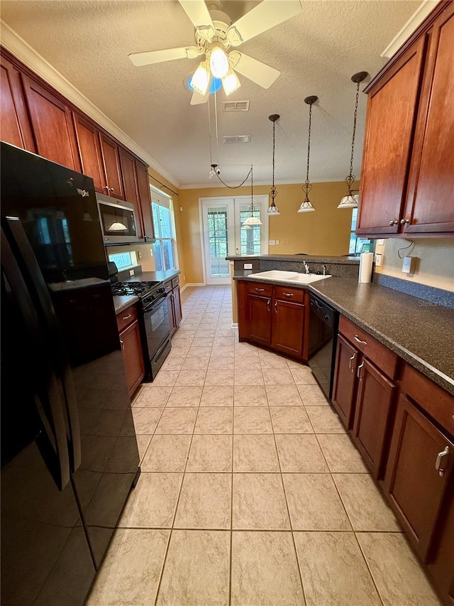 kitchen featuring black appliances, light tile patterned flooring, crown molding, hanging light fixtures, and kitchen peninsula