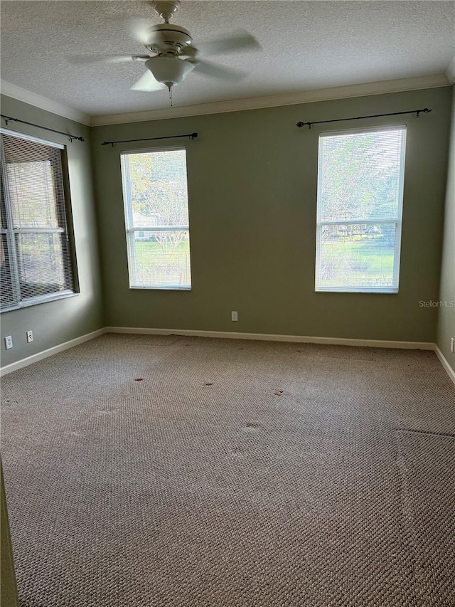 carpeted empty room featuring ornamental molding, a textured ceiling, and ceiling fan