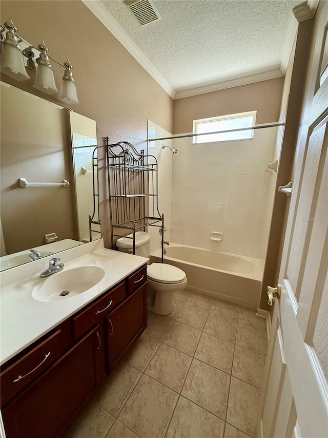 full bathroom featuring tile patterned flooring, a textured ceiling, vanity, crown molding, and tiled shower / bath combo