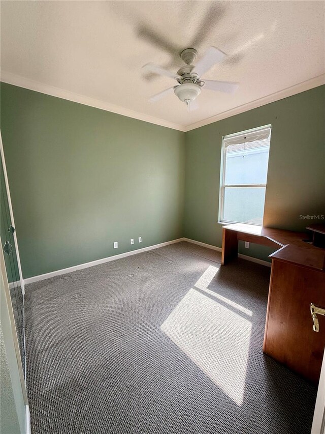 interior space with ceiling fan and crown molding