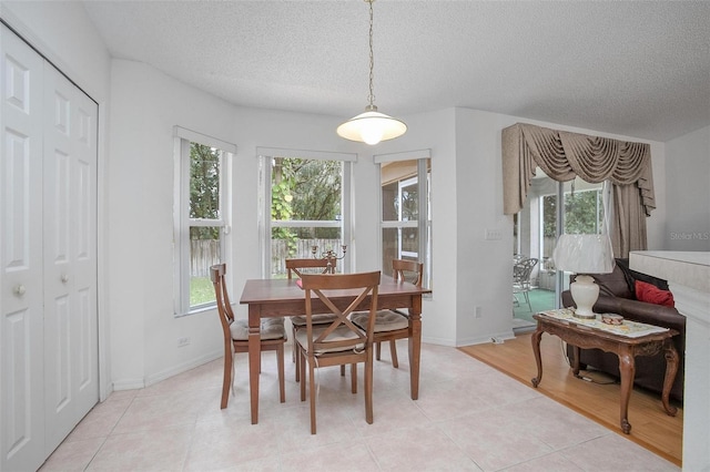 dining space featuring light hardwood / wood-style flooring, a textured ceiling, and a wealth of natural light