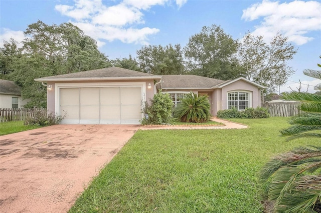 ranch-style house with a front yard and a garage