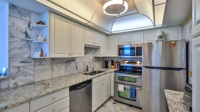 kitchen featuring white cabinetry, light stone countertops, sink, and stainless steel appliances